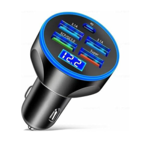 Car Charger 5 Port Cigarette Lighter USB Adapter LED Voltage Monitor (4USB+PD) Cigarette Lighter Adapter USB C Compatible with Android/iPhone and Tablets Devices