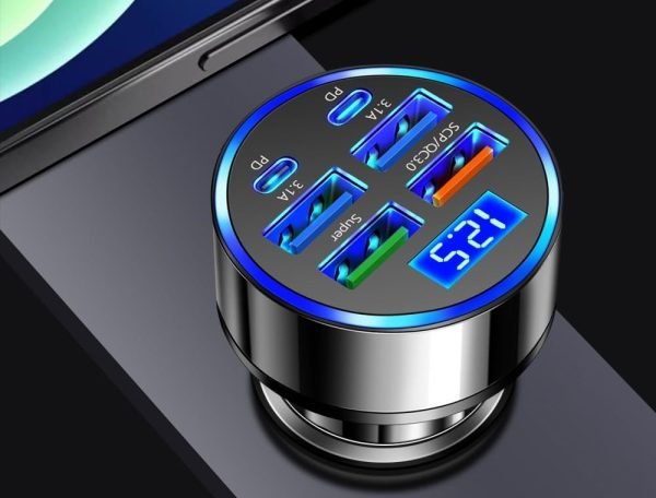 Car Charger 6 Port Cigarette Lighter USB Adapter LED Voltage Monitor (4USB+ 2*PD) Cigarette Lighter Adapter USB C Compatible with Android/iPhone and Tablets Devices (6 Port) - Image 2