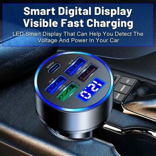 Car Charger 5 Port Cigarette Lighter USB Adapter LED Voltage Monitor (4USB+PD) Cigarette Lighter Adapter USB C Compatible with Android/iPhone and Tablets Devices - Image 3