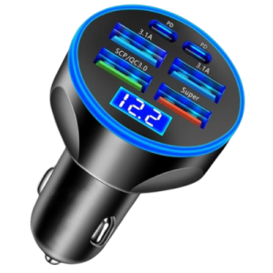 Car Charger 6 Port Cigarette Lighter USB Adapter LED Voltage Monitor (4USB+ 2*PD) Cigarette Lighter Adapter USB C Compatible with Android/iPhone and Tablets Devices (6 Port)